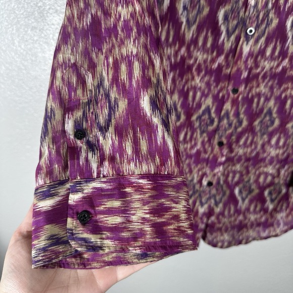 LAUREN Ralph Lauren Womens Medium Silk Cotton Button Up Shirt Purple Ikat Print - Picture 3 of 7